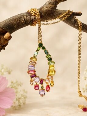 New Chunky Rainbow Gem Crystal Pendant | 18K Yellow Gold Plated | Adjustable